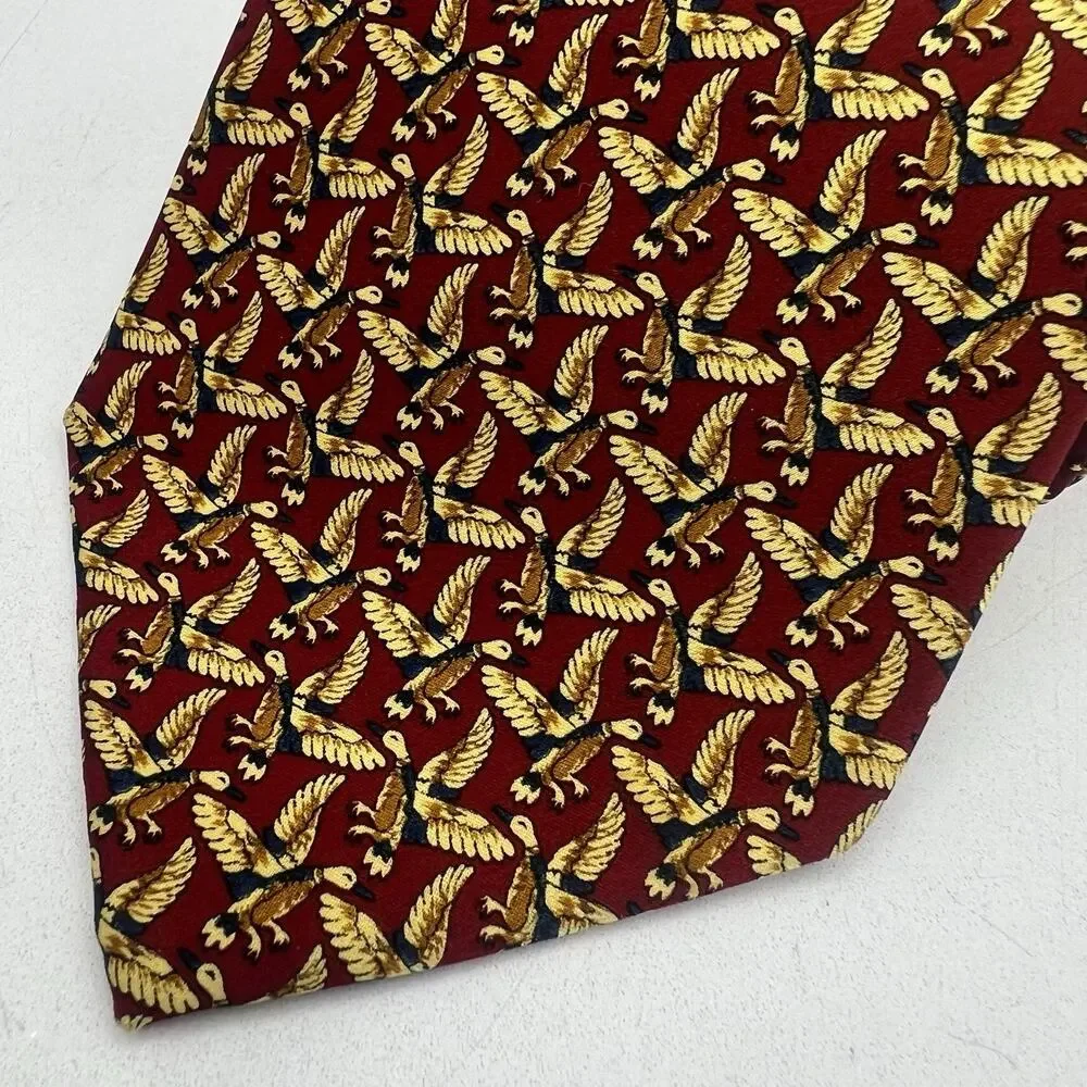 Mens Sinsabang Neck Tie Korea 100% Silk Flying Duck Pattern Red Gold 3.5